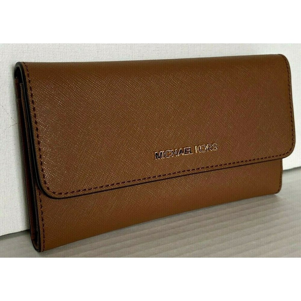 New Michael Kors Jet Set Travel Large Trifold Wallet Leather Luggage - Picture 3 of 4